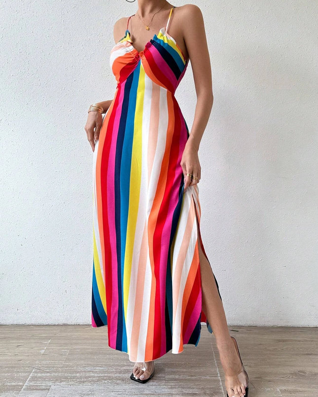 Women's Ethnic Pattern Backless Split Thigh Boho Maxi Dress