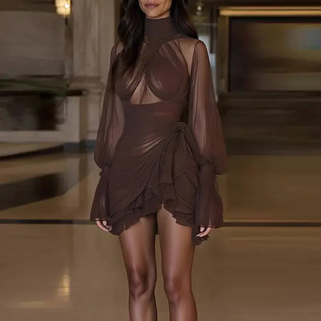 autumn turtleneck party dress with lantern sleeves and pleated design in a stylish setting