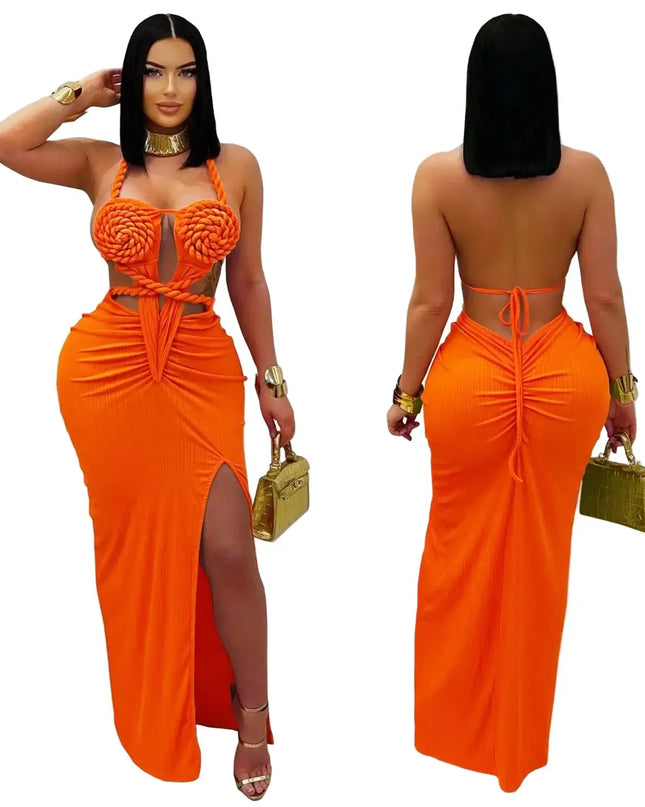 Woman wearing an orange dress with a gold handbag, posing against a neutral background.