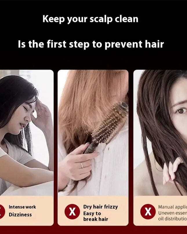 Three images showing hair care issues: discomfort from work, frizzy hair with brush, and uneven oil application on hair.