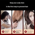 Three images showing hair care issues: discomfort from work, frizzy hair with brush, and uneven oil application on hair.