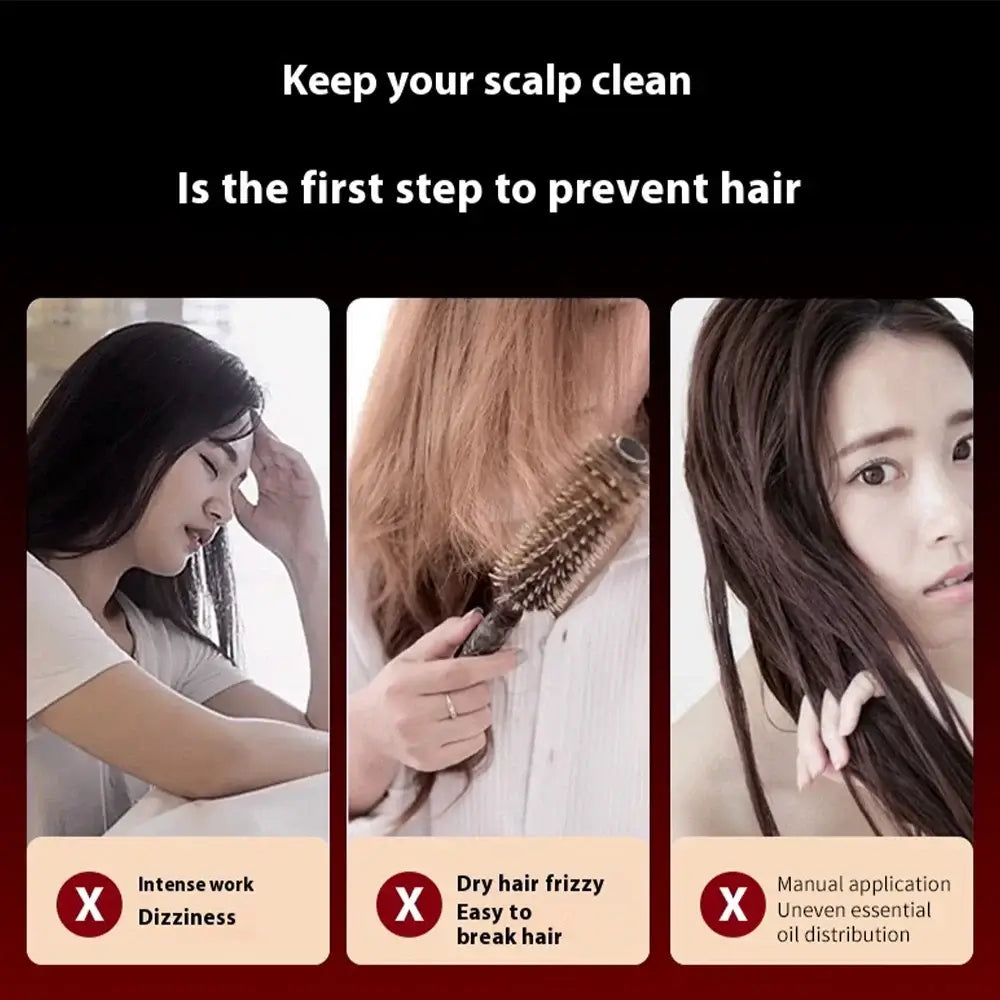 Three images showing hair care issues: discomfort from work, frizzy hair with brush, and uneven oil application on hair.