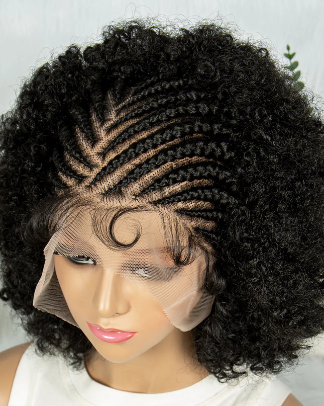 Mannequin head with an afro wig and braided front section against a light background