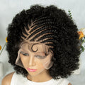 Mannequin head with an afro wig and braided front section against a light background