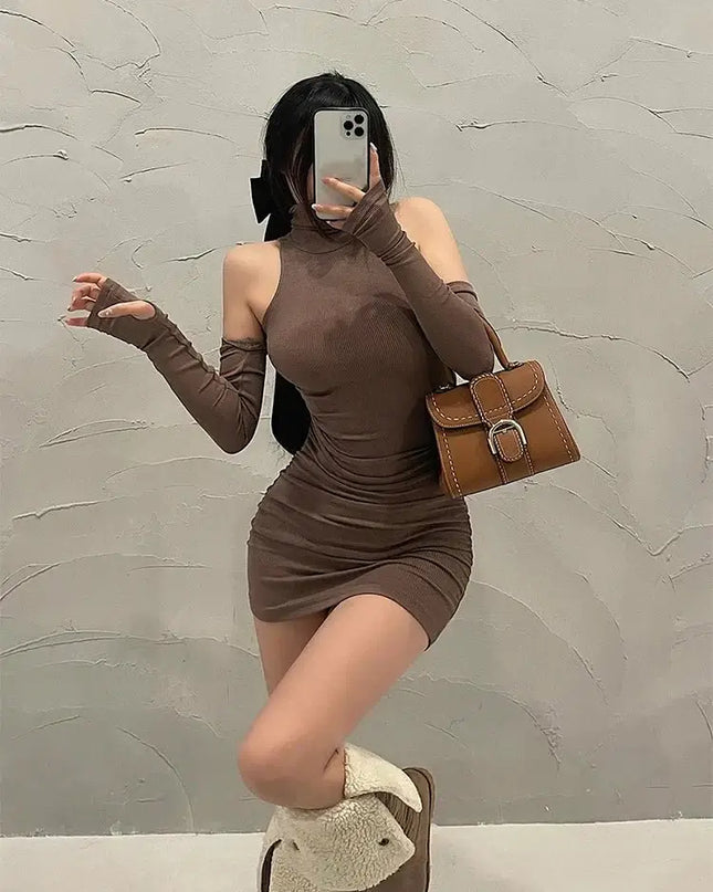 Summer High Neck Bodycon Dress | Oversleeve Tight Fit Wrapped Hip Dres