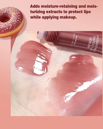 Lip tint serum with lip swatches and a donut on a pink background