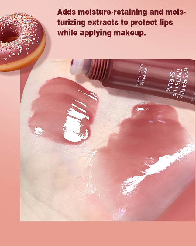 Lip tint serum with lip swatches and a donut on a pink background