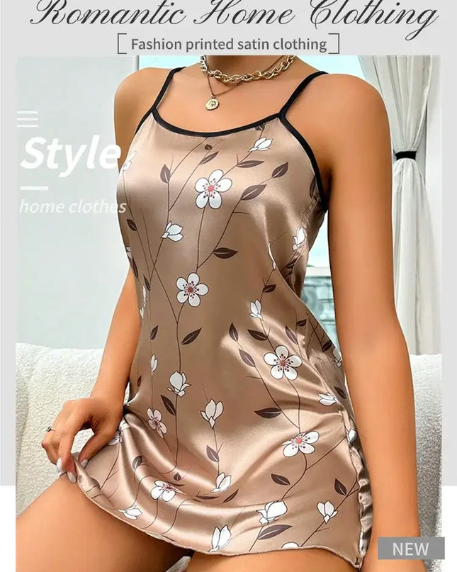 Women's Sleepdress Satin Floral Print Nightdress Comfortable Spaghetti Strap Sleepwear Dress Luxurious Satin Slip Nightdress