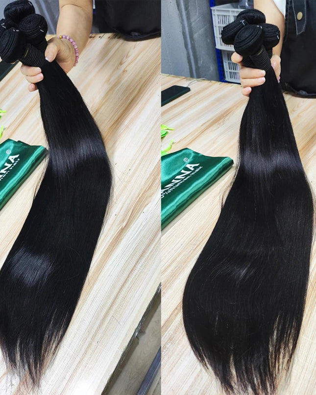 Two images of black hair extensions held by a person on a wooden surface with a green package.