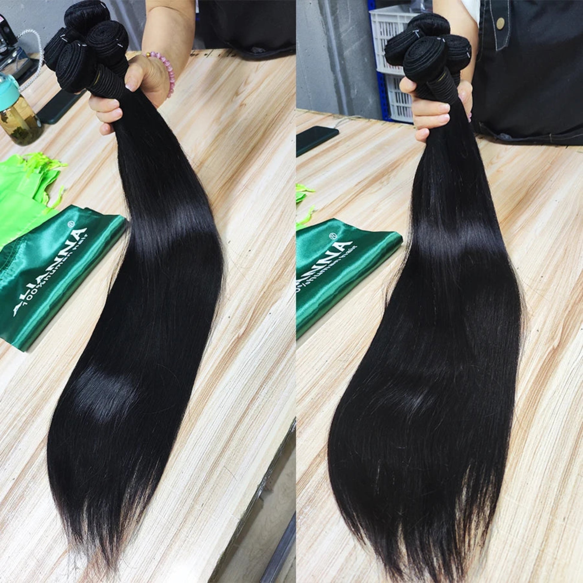 Two images of black hair extensions held by a person on a wooden surface with a green package.