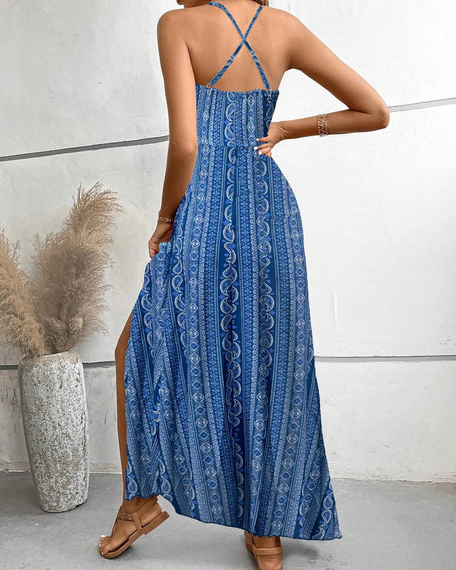 Women's Ethnic Pattern Backless Split Thigh Boho Maxi Dress