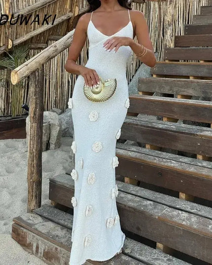 KADUWAKI gothic embroidered dresses for women, slim fitting long gown with floral details, perfect for beach vacation.