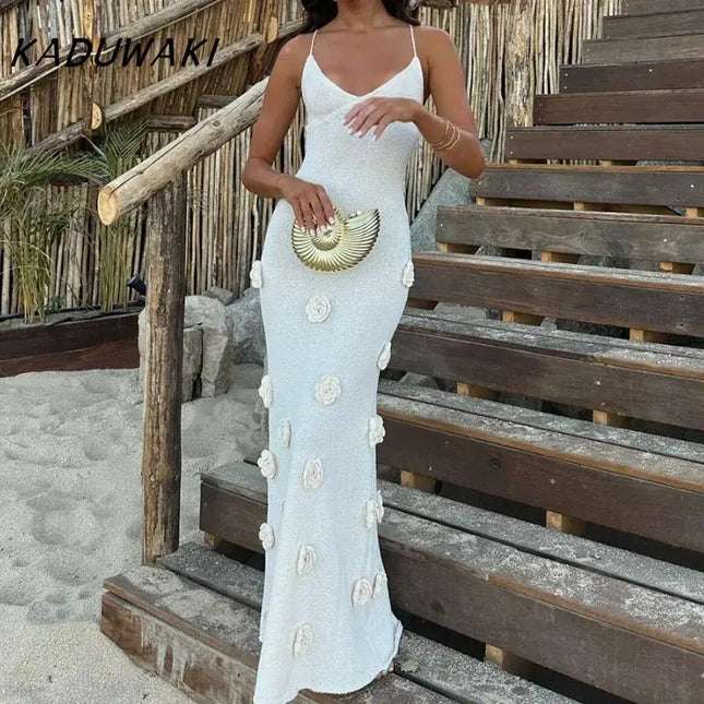 KADUWAKI gothic embroidered dresses for women, slim fitting long gown with floral details, perfect for beach vacation.