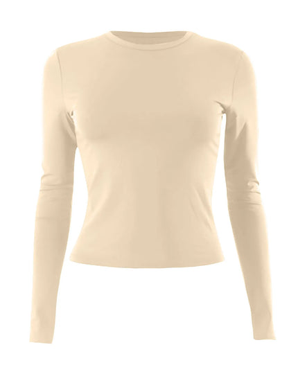 Women’s long sleeve crop top in beige color featuring a slim fit and classic O-neck design.