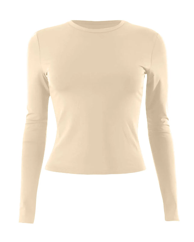 Women’s long sleeve crop top in beige color featuring a slim fit and classic O-neck design.