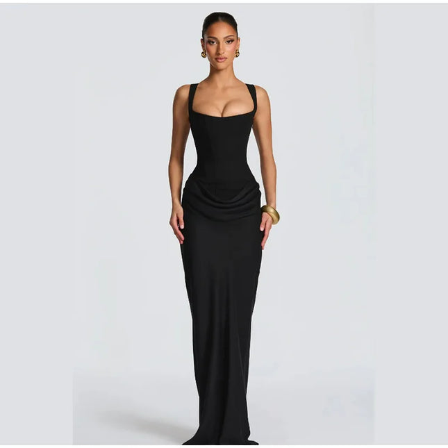 A model showcasing a sleek black gown with a square neck and sleeveless design, highlighting elegance and sophistication.