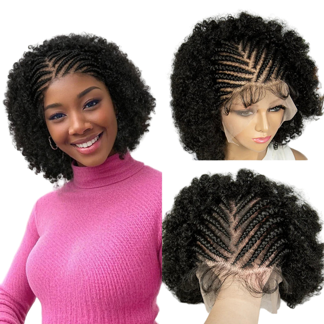 Collage of a woman with styled hair and a wig on a mannequin head, with Kima branding.