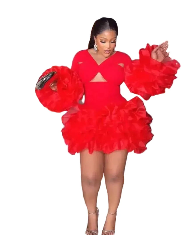 Sexy petal sleeve mini dress in vibrant red with ruffled skirt and cute cutouts, perfect for spring parties.