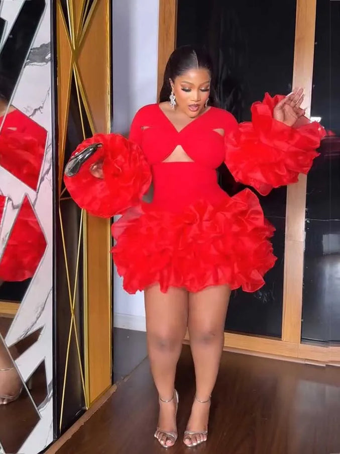 Sexy petal sleeve mini dress in vibrant red with ruffled skirt and cute cutouts, perfect for spring parties.