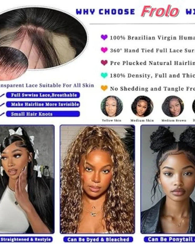 Advertisement for Frolo wigs highlighting features and color options.