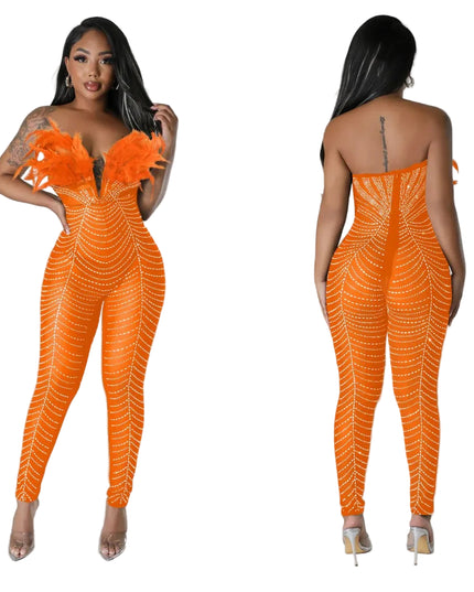 HLJ Sexy Feather Luxury Rhinestone Bodycon Jumpsuits Women Mesh Sleeveless