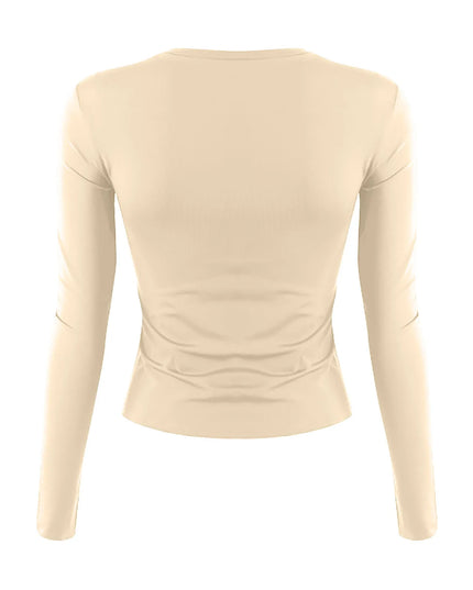 Womens long sleeve crop top in a light beige color with a slim fit and classic O-neckline, showcasing the back design.