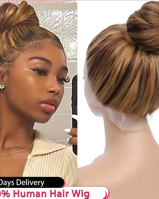 Human hair wig displayed on a mannequin head with a side view of a woman wearing it.