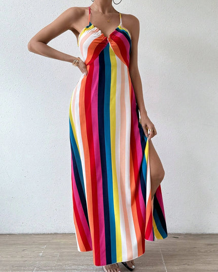 Women's Ethnic Pattern Backless Split Thigh Boho Maxi Dress