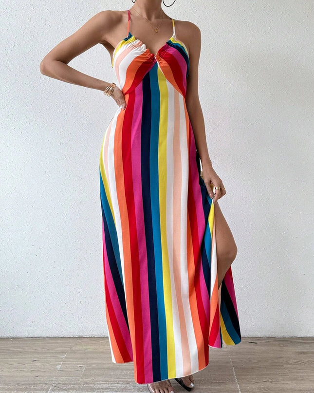 Women's Ethnic Pattern Backless Split Thigh Boho Maxi Dress