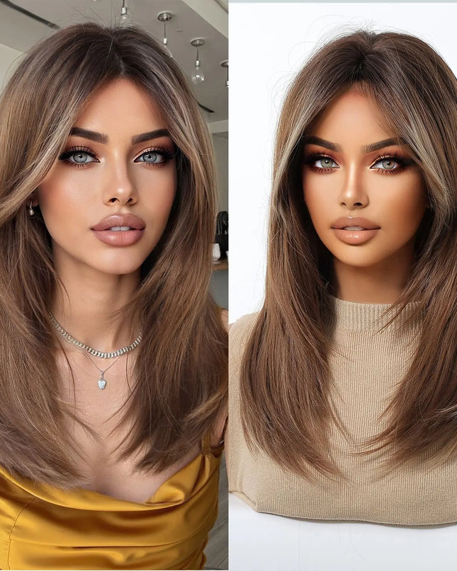 Blonde Synthetic Wigs with Bangs Medium Length Layered Straight Wig Natural Highlight Hair