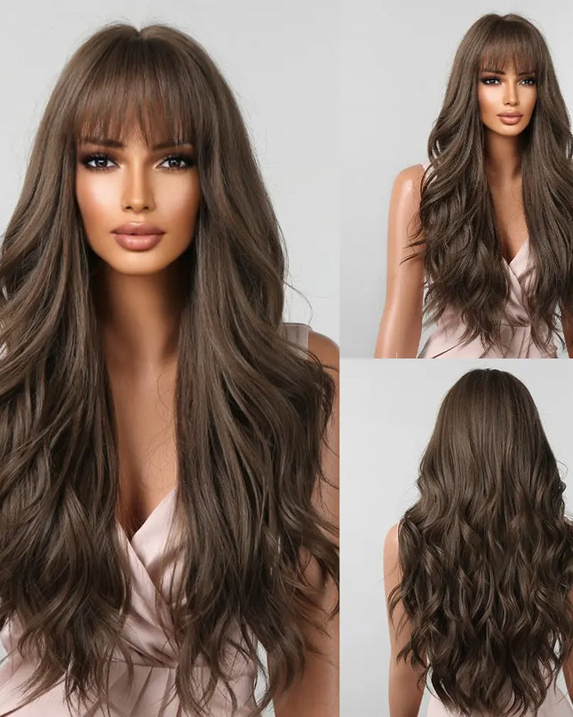 Brown Wavy Wigs for Women with Bangs Long Natural Synthetic Hair Wig Daily Cosplay Heat Resistant