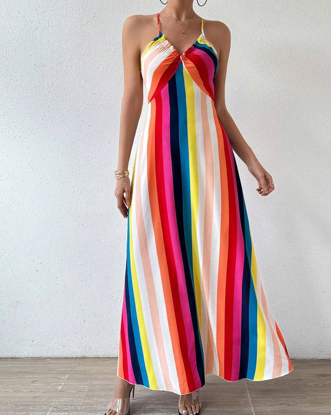 Women's Ethnic Pattern Backless Split Thigh Boho Maxi Dress