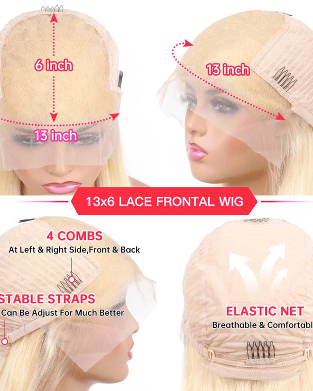 Blonde wig with measurements and features highlighted on a white background