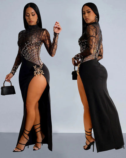 Woman wearing a black lace dress with a high slit, holding a small black handbag on a light gray background.