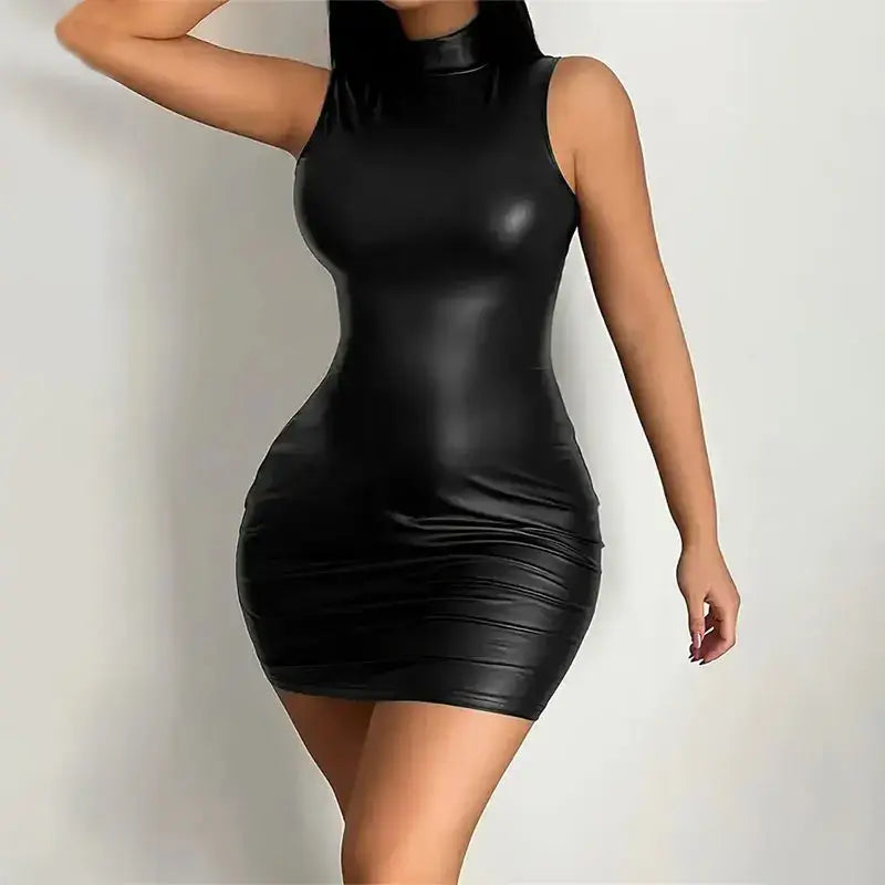 Sexy bodycon mini dress in black, sleeveless design showcasing a form-fitting silhouette for a stylish night out.