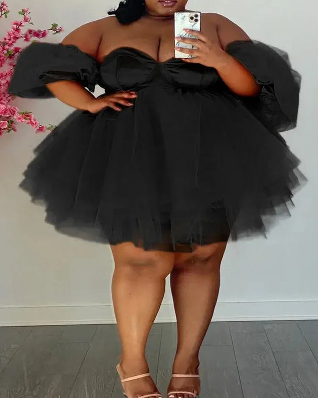 Wmstar plus size sexy v-neck mini dress in black mesh with off-shoulder sleeves, perfect for parties and evenings out.