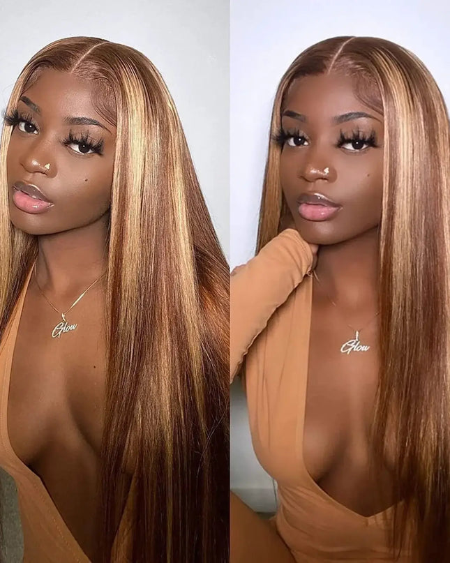 Side-by-side comparison of a woman with long, straight hair styled differently.