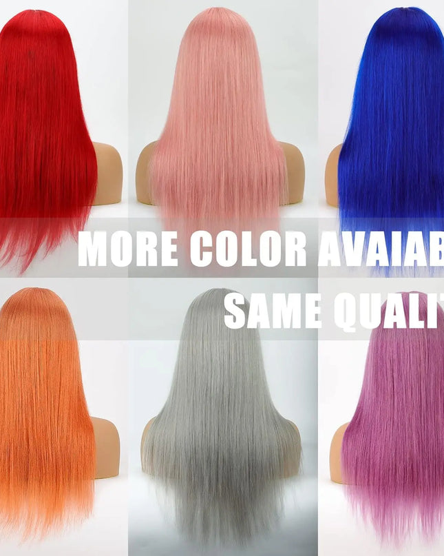 Collection of colorful wigs on mannequin heads with text indicating more color availability and same quality.