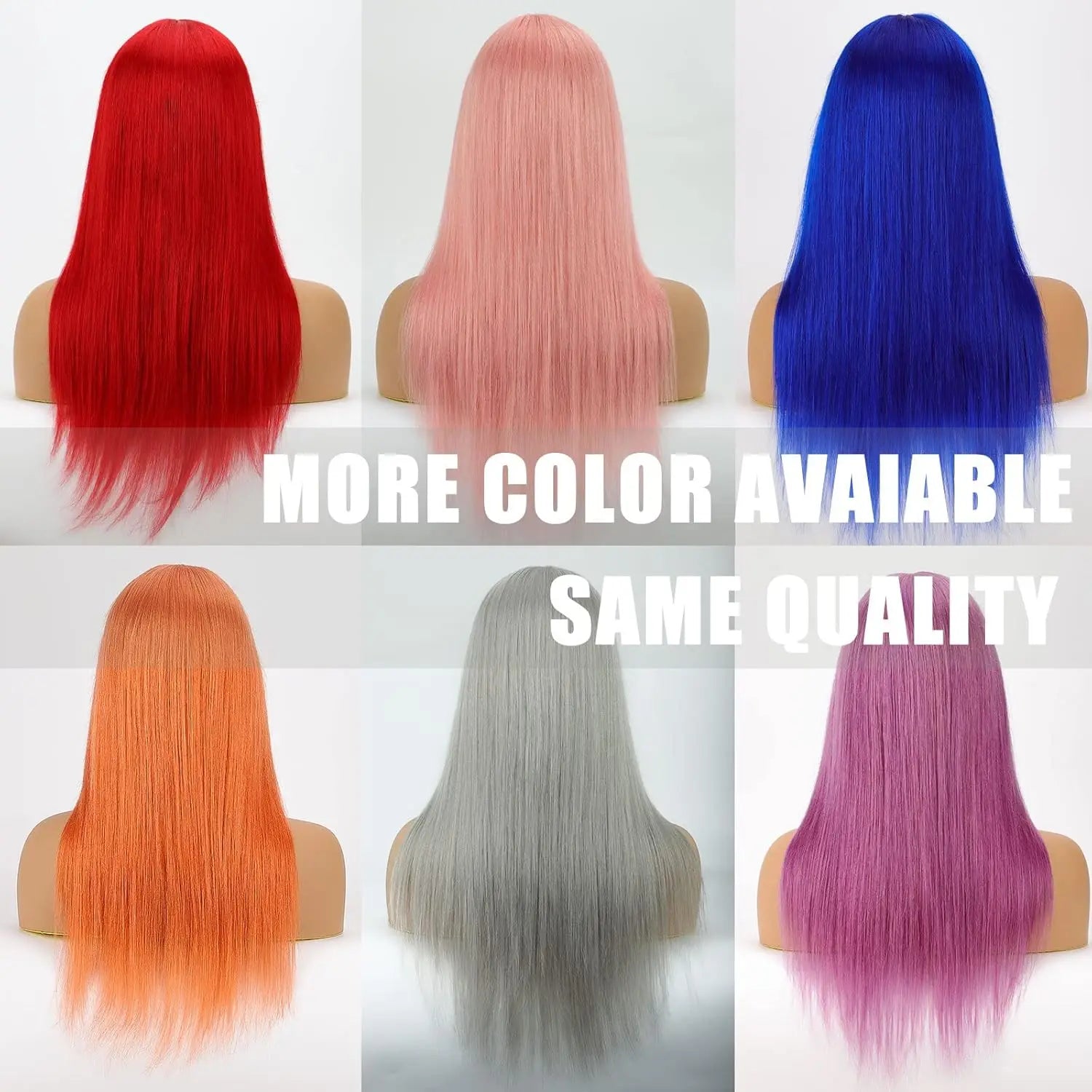 Collection of colorful wigs on mannequin heads with text indicating more color availability and same quality.