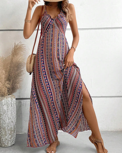 Women's Ethnic Pattern Backless Split Thigh Boho Maxi Dress