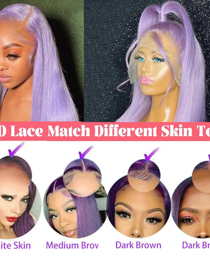 Collage of a purple wig with lace match options for different skin tones.
