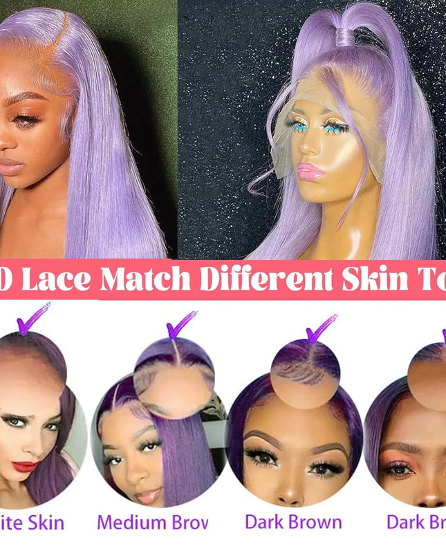 Collage of a purple wig with lace match options for different skin tones.