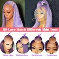 Collage of a purple wig with lace match options for different skin tones.