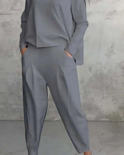 Women's Two-piece Solid Color Round Neck Long Sleeved Top and Casual Pants Set for Autumn 2024