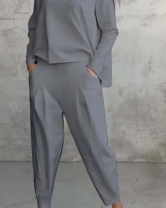 Women's Two-piece Solid Color Round Neck Long Sleeved Top and Casual Pants Set for Autumn 2024