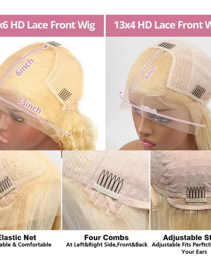 Comparison of 13x6 HD lace front wig and 13x4 HD lace front wig with measurements and features highlighted.