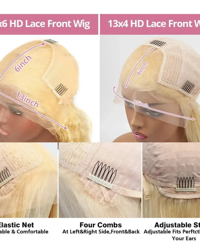 Comparison of 13x6 HD lace front wig and 13x4 HD lace front wig with measurements and features highlighted.