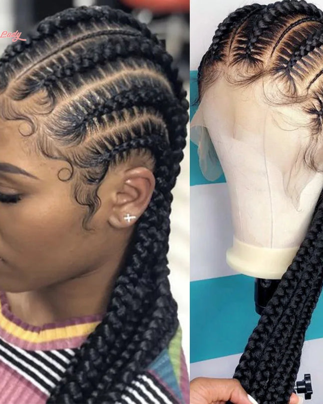 Synthetic braided lace front wigs featuring 6 braids with baby hair, 36 inches cornrows, stylish and realistic look.