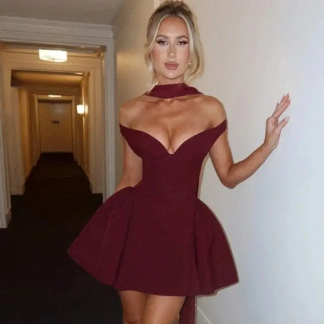 Elegant Off Shoulder Mini Dress Party in burgundy, featuring a draped V neck and A-Line silhouette, perfect for parties and clubs.