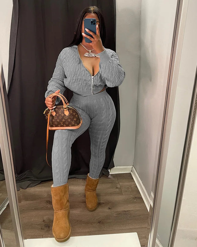 Women's Knit Hooded Sweater and Pants 2-Piece Set | Fall Winter Loungewear Outfit